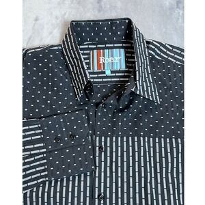 Roar Mens Black White Stripe Dot Print Long Sleeve Button Up Shirt Top